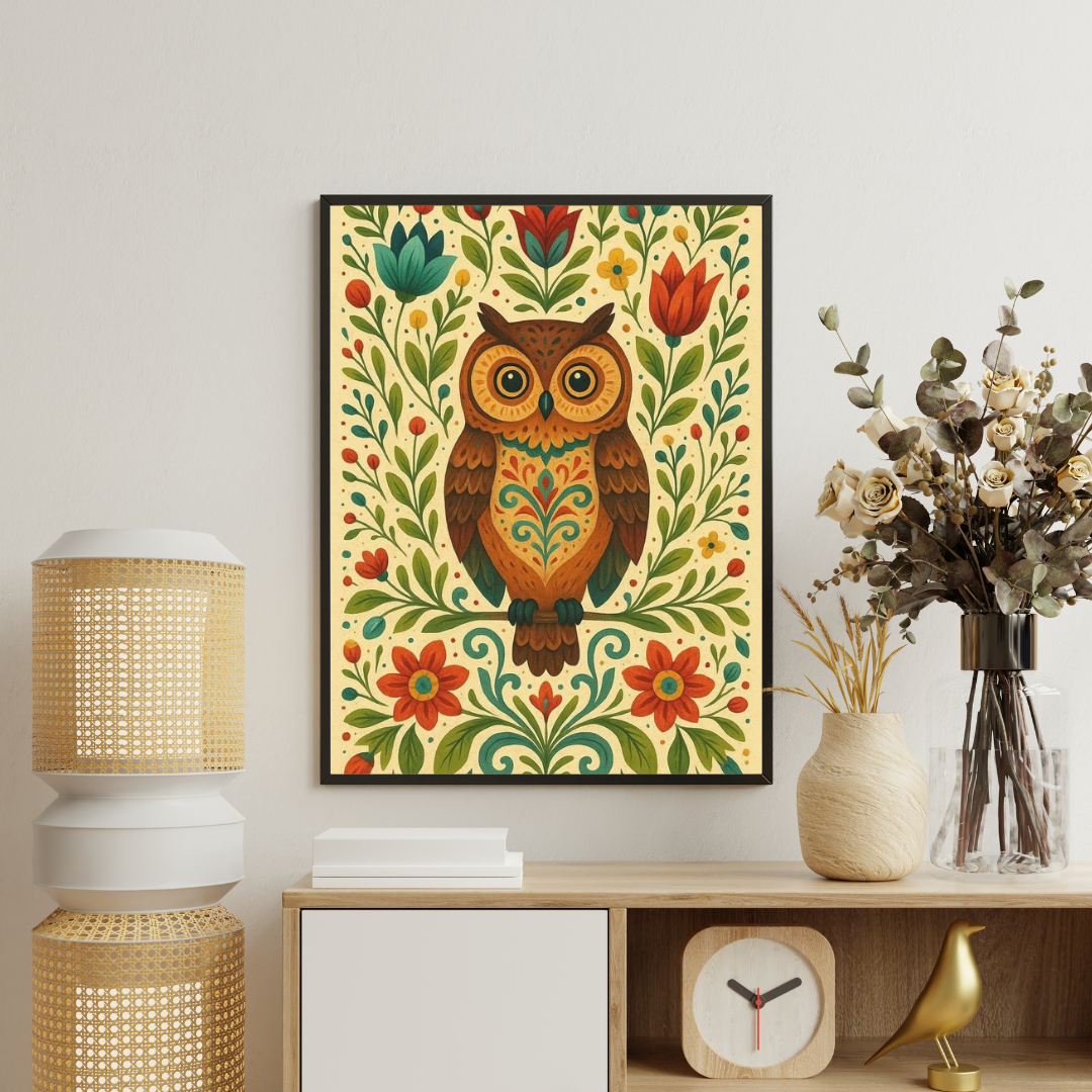 Folk Owl Garden Framed Poster | Symbol of Wisdom & Harmony by Chilekotha