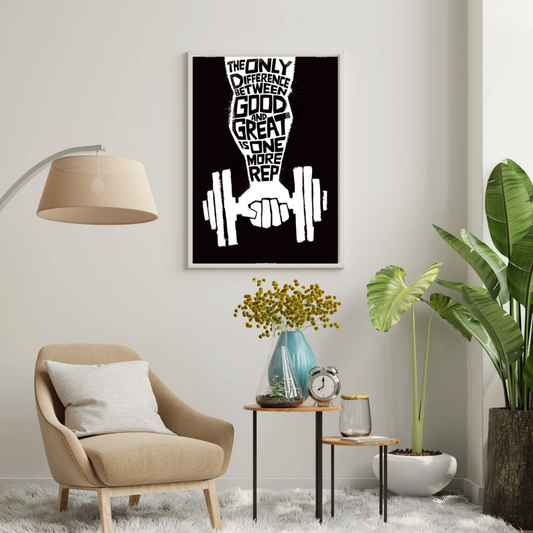 One More Rep – Motivational Gym Quote Framed Poster | Black & White Fitness Wall Art by Chilekotha