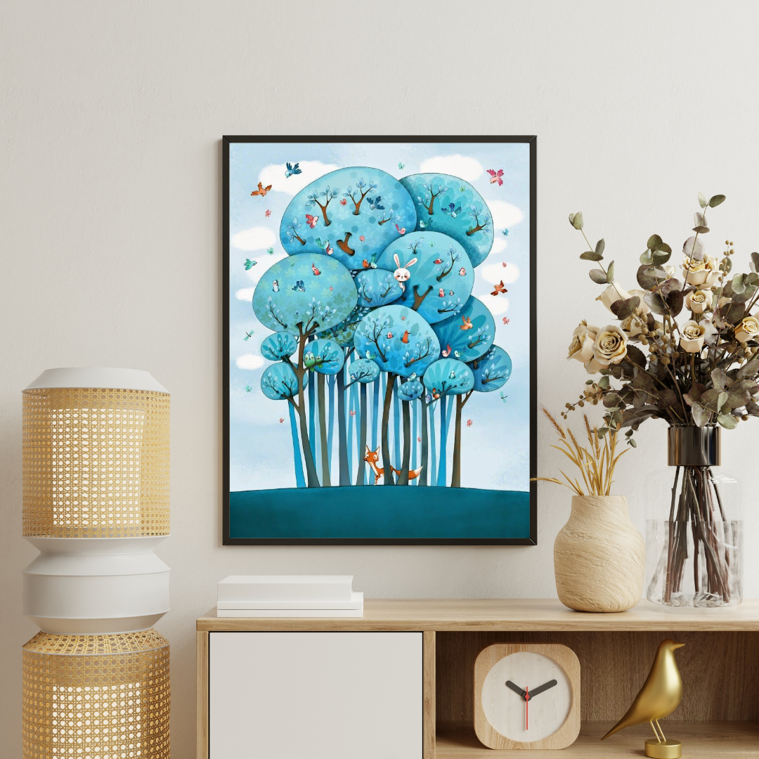 Enchanted Blue Forest Framed Poster | Whimsical Nature Art Wall Décor by Chilekotha