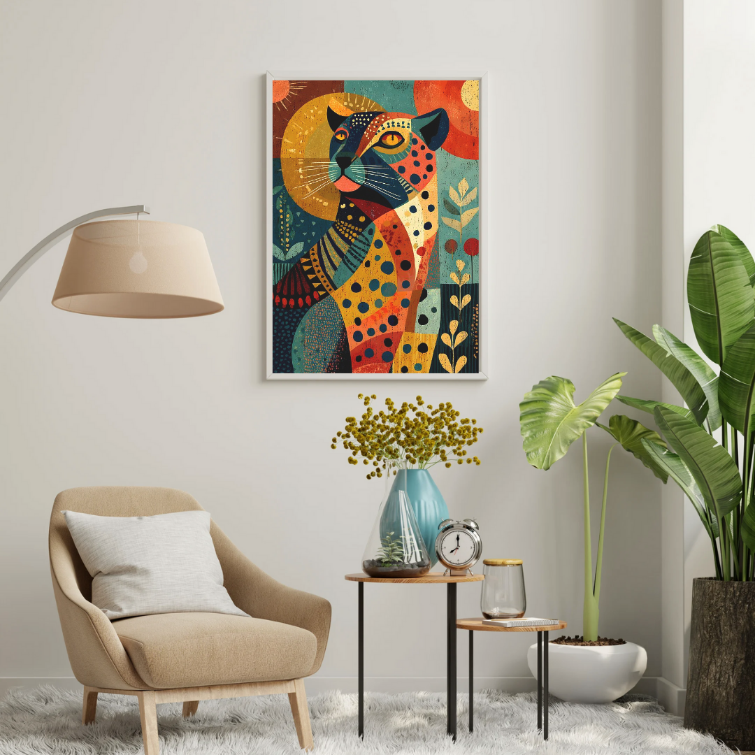 Sacred Leopard Geometry Wall Poster – Modern Tribal Animal Art with Earthy Tones | Chilekotha
