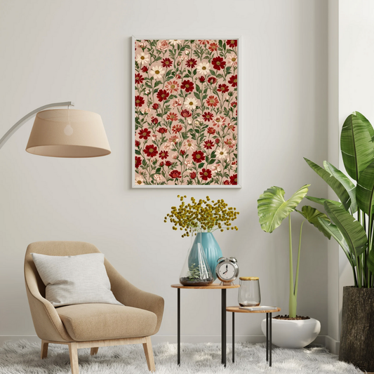 Crimson Meadow Floral Wall Poster | Vintage Botanical Pattern Art Print by Chilekotha