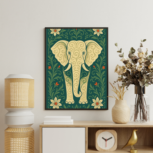 Sacred Elephant Folk Art Framed Poster | Symbol of Wisdom & Prosperity by Chilekotha