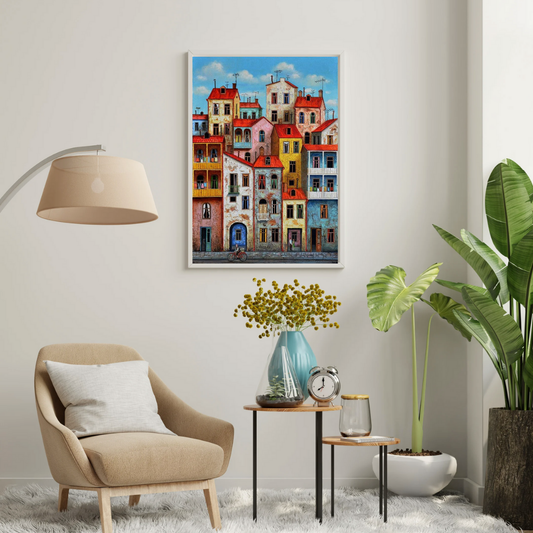 Sunlit Facades – Colorful European Cityscape Framed Wall Poster | Chilekotha