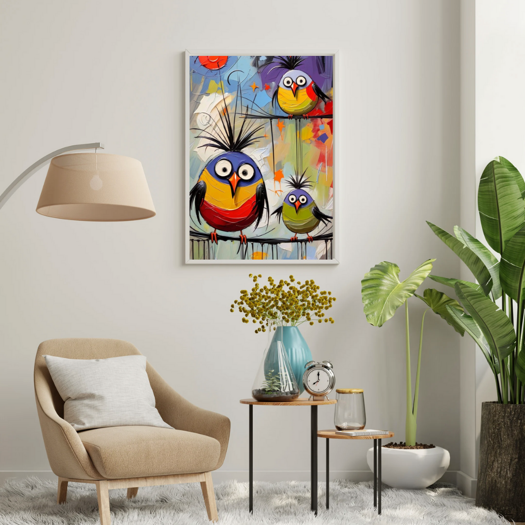Whimsical Bird Trio Wall Poster – Playful Abstract Colorful Art for Happy Spaces | Chilekotha