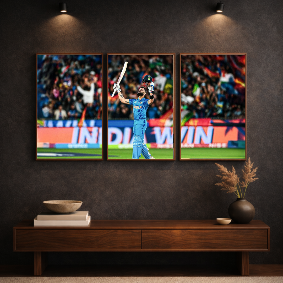 Virat Kohli “Triumph of the King” Triptych Framed Poster – Iconic Cricket Celebration Wall Art (3-Panel Set)