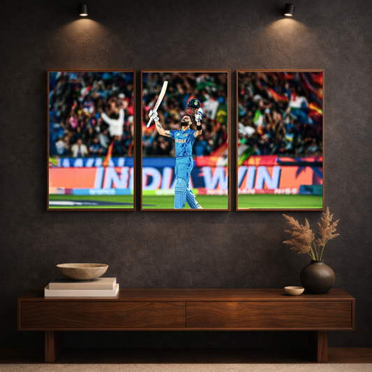 Virat Kohli “Triumph of the King” Triptych Framed Poster – Iconic Cricket Celebration Wall Art (3-Panel Set)