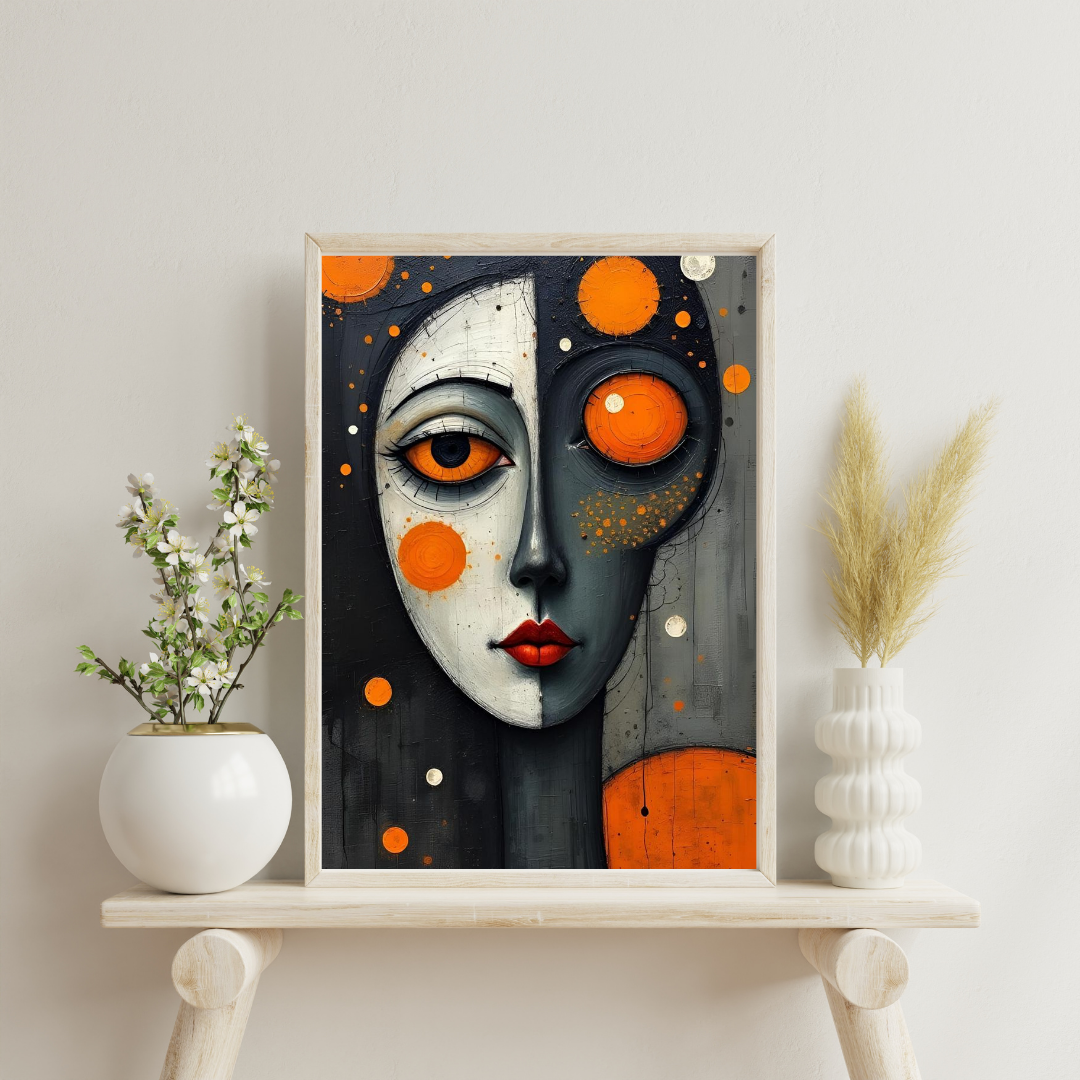 Duality of Silence Wall Poster – Abstract Surreal Face Art with Orange Accents | Chilekotha
