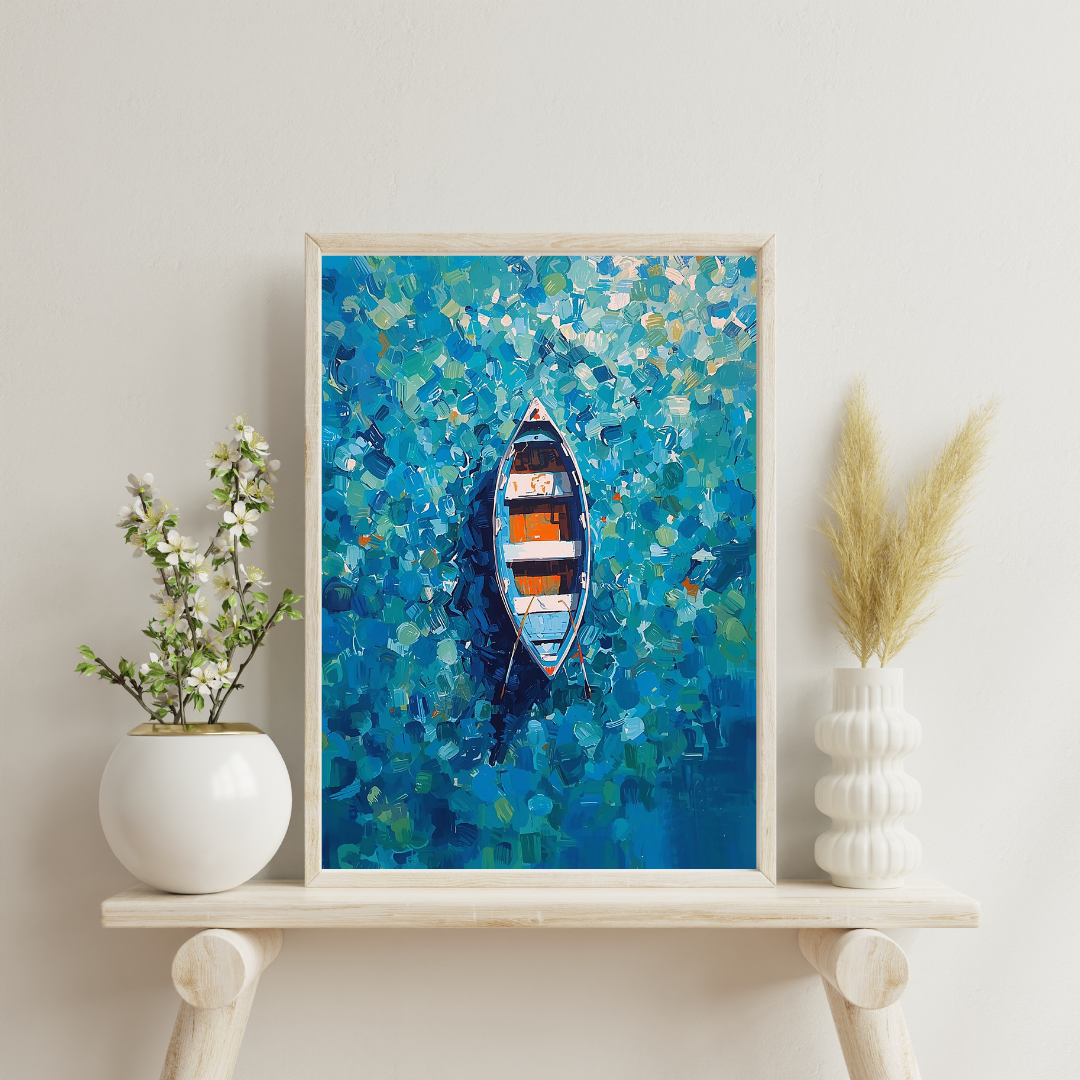 Still Waters Framed Poster – Serene Boat Art for Calm Interiors