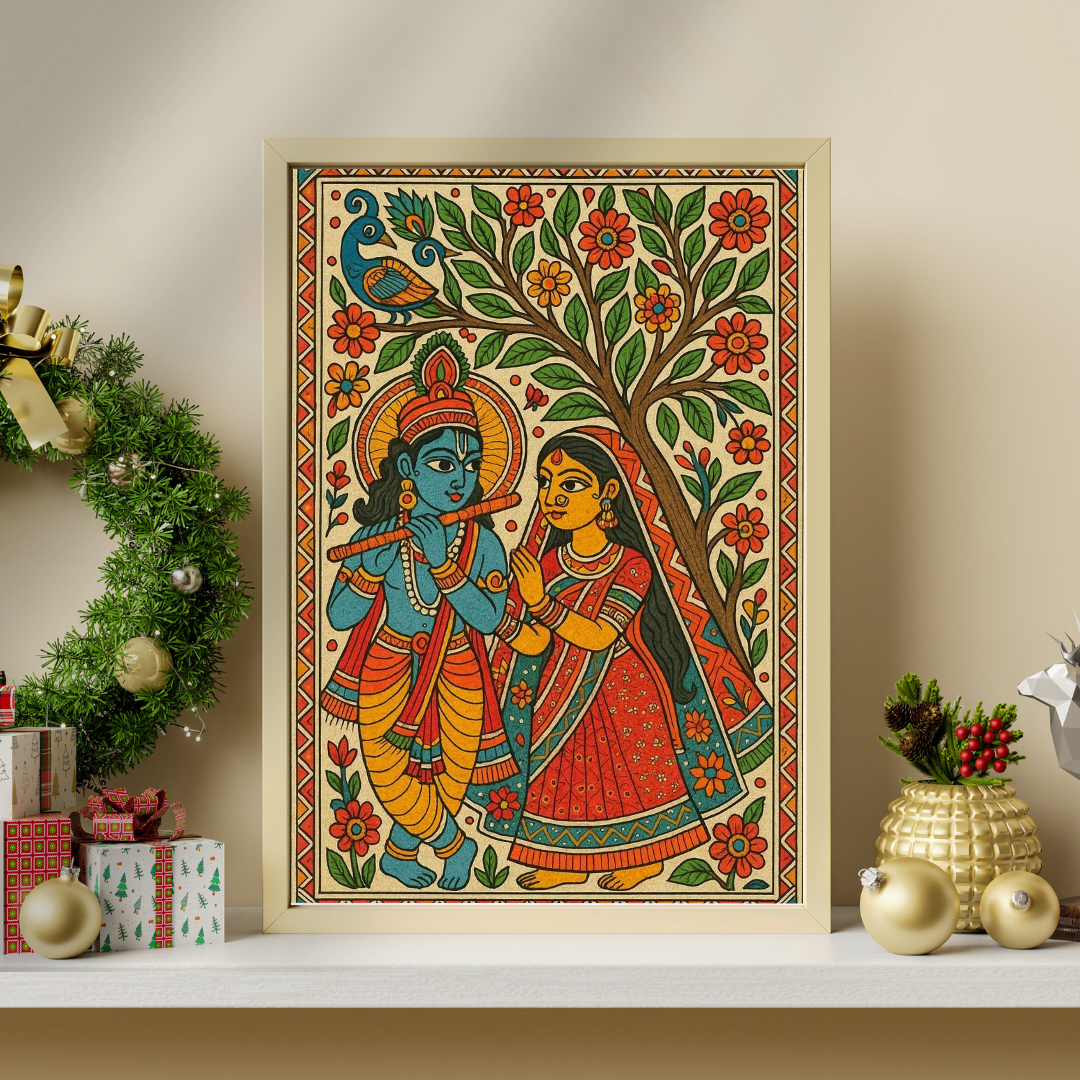 Divine Harmony | Radha Krishna Madhubani Framed Art Poster
