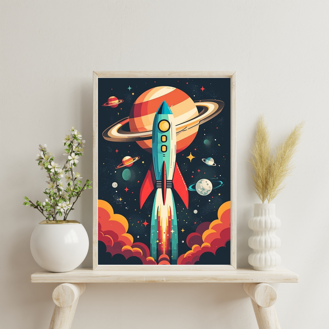 Cosmic Lift-Off Framed Poster – Retro Rocket Space Wall Art