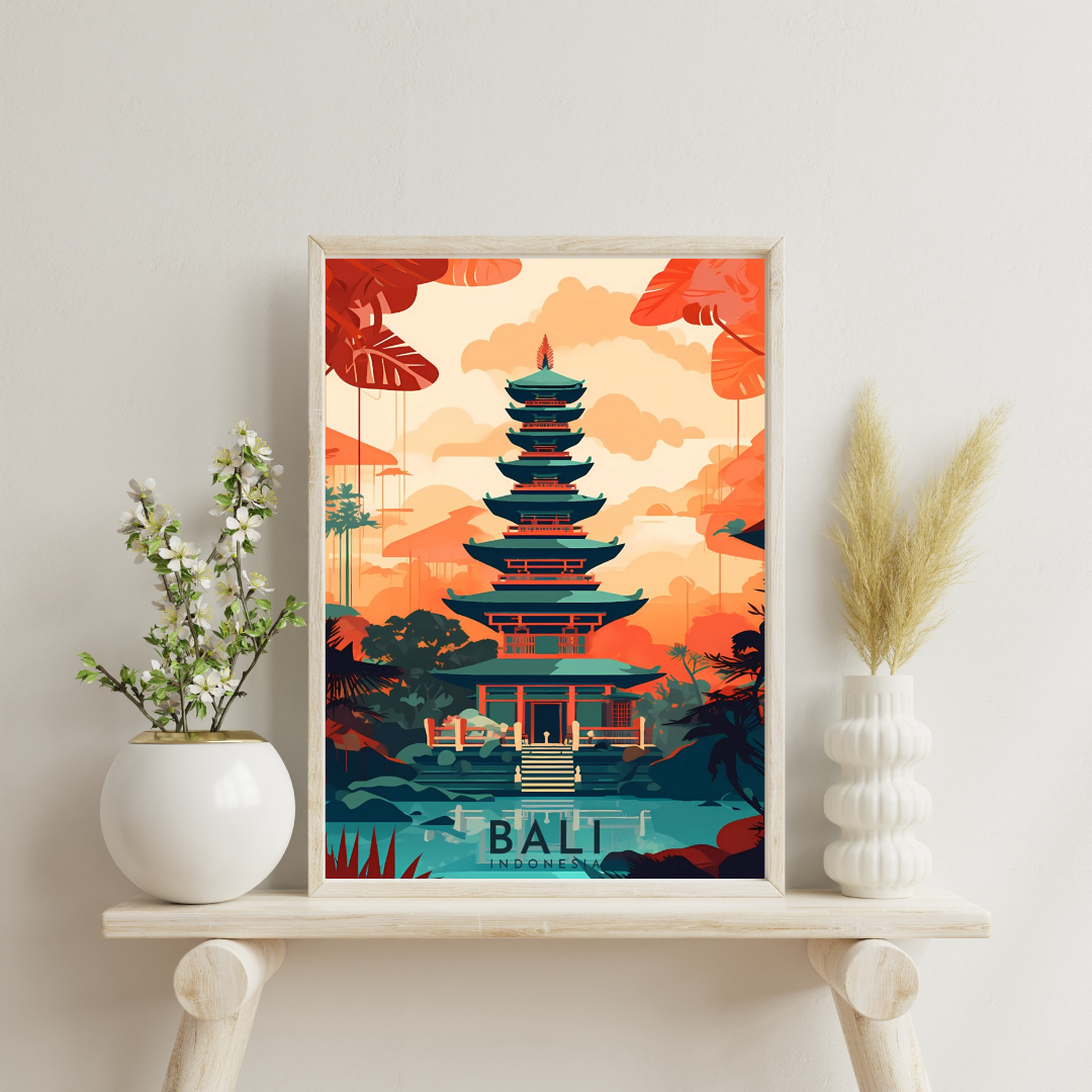 Bali Serenity Temple Wall Poster | Tropical Travel Art Print by Chilekotha