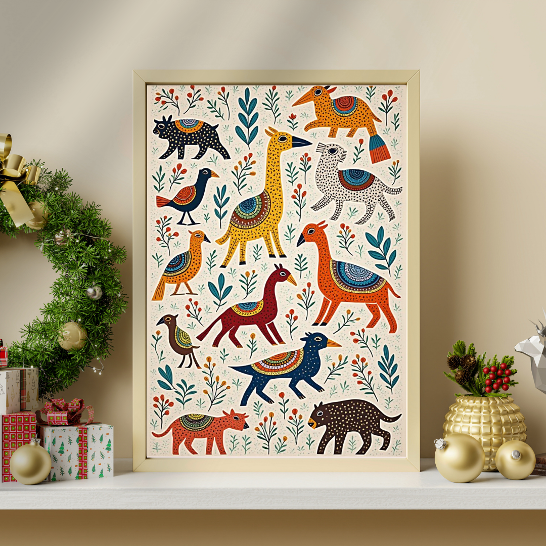 Whimsical Folk Animals Framed Poster | Handcrafted-Inspired Wall Art by Chilekotha