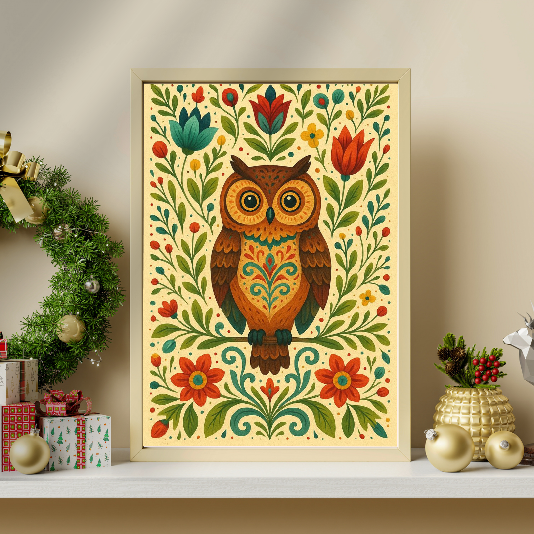 Folk Owl Garden Framed Poster | Symbol of Wisdom & Harmony by Chilekotha
