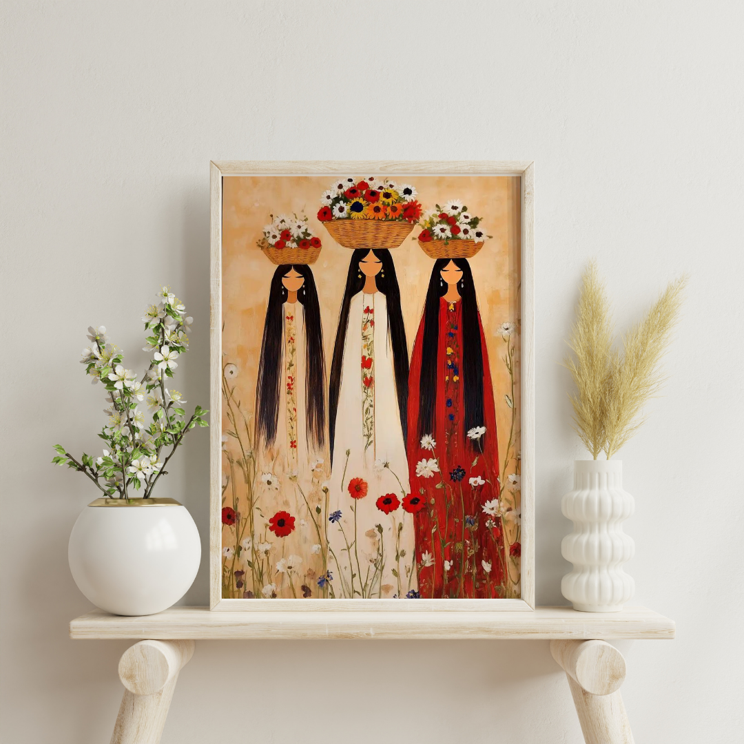 Floral Sisters – Folk Art Inspired Women Framed Wall Poster | Chilekotha