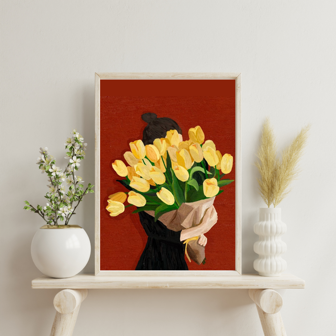 Golden Tulips Reverie Wall Poster | Minimalist Floral Art Print by Chilekotha