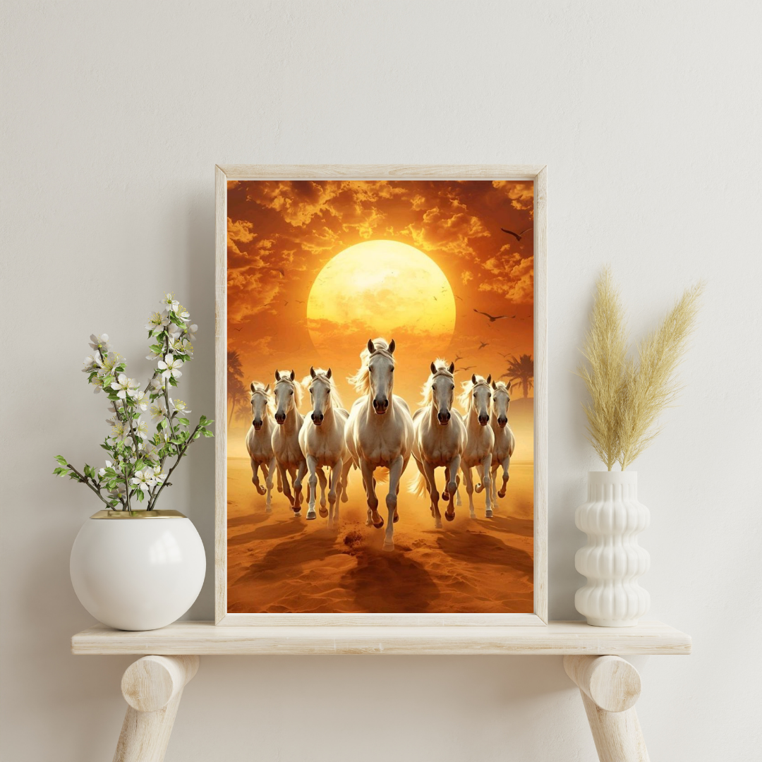 Golden Charge Wall Poster – White Horses at Sunset Power Art | Chilekotha