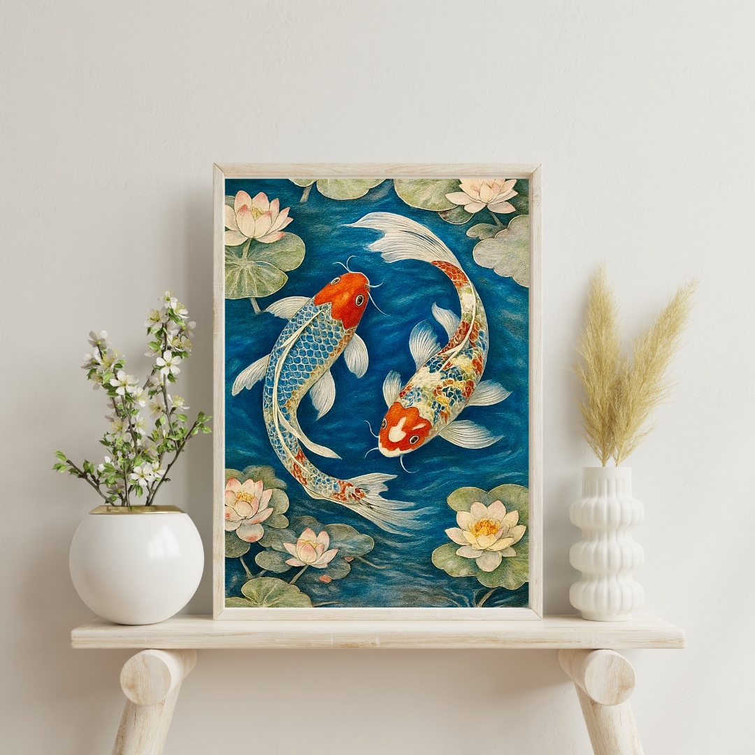 Twin Koi Harmony Wall Poster | Lotus & Koi Fish Zen Art Print by Chilekotha