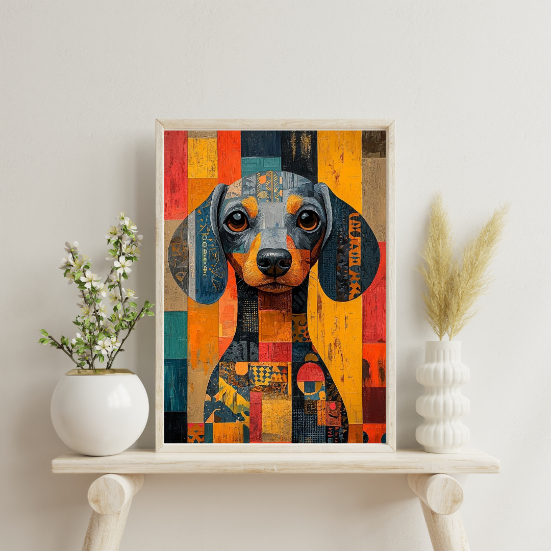 Geometric Dachshund Wall Poster – Modern Abstract Dog Art with Warm Tones | Chilekotha