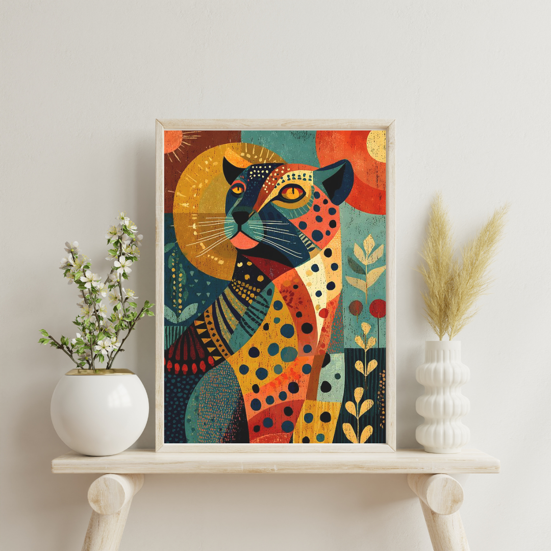 Sacred Leopard Geometry Wall Poster – Modern Tribal Animal Art with Earthy Tones | Chilekotha