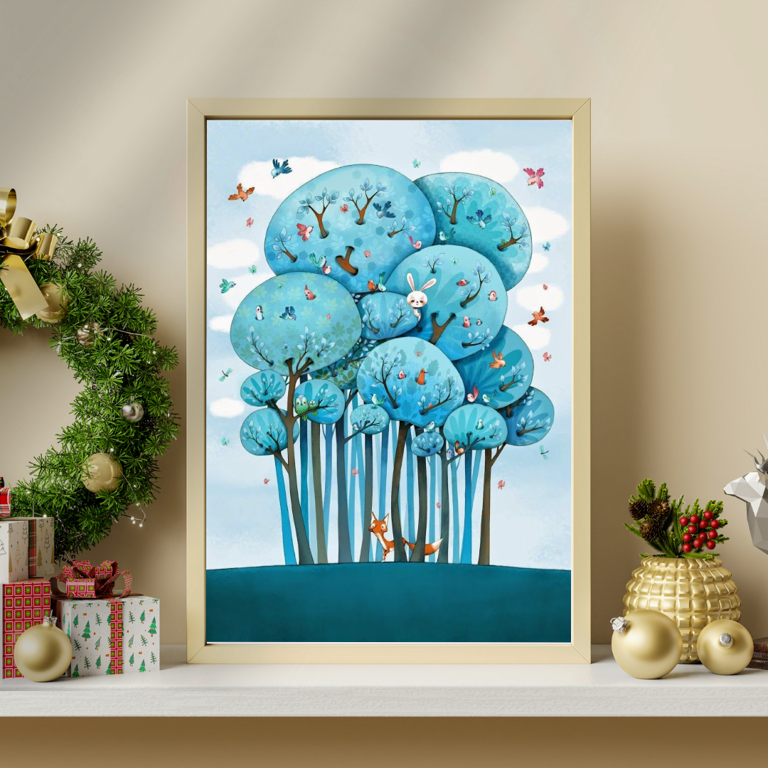 Enchanted Blue Forest Framed Poster | Whimsical Nature Art Wall Décor by Chilekotha