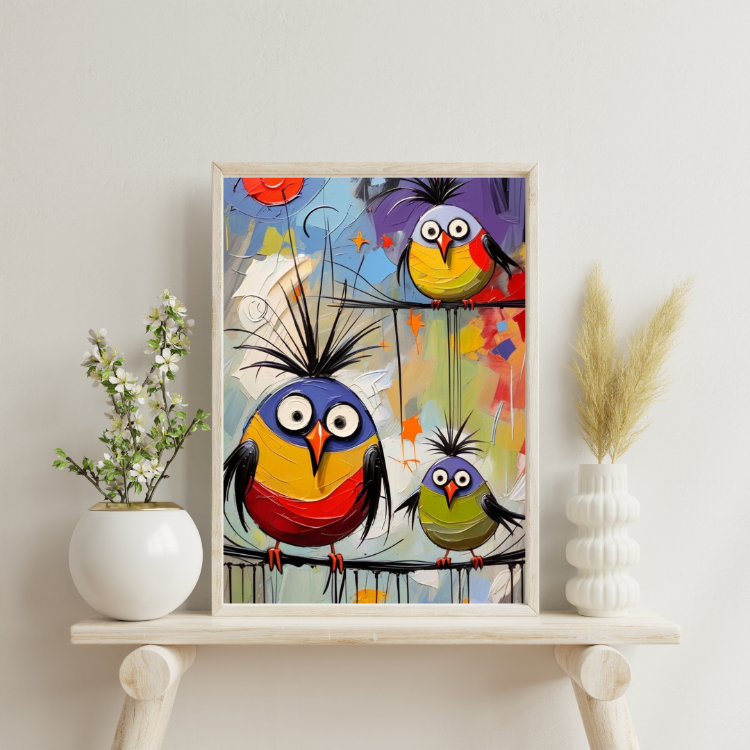 Whimsical Bird Trio Wall Poster – Playful Abstract Colorful Art for Happy Spaces | Chilekotha