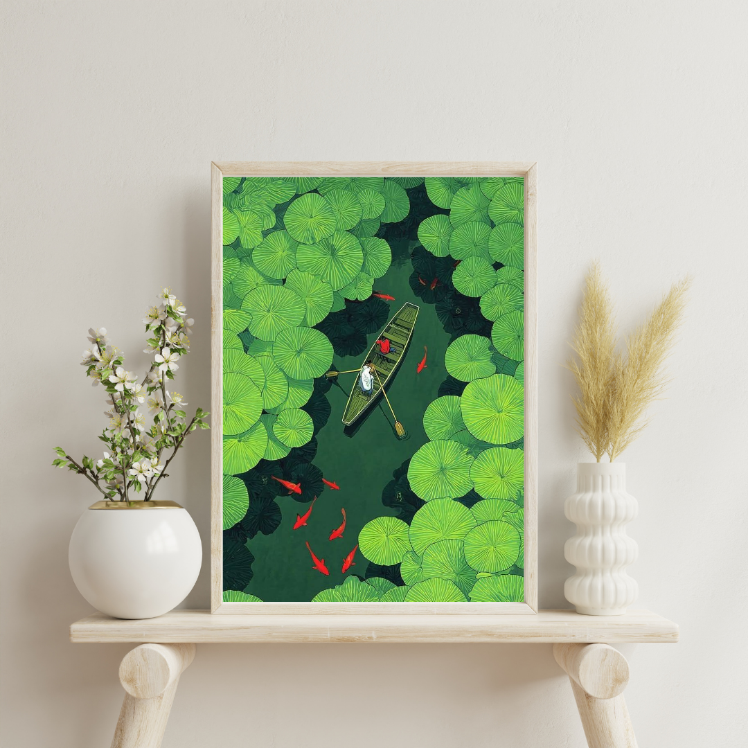 Lotus Passage Wall Poster | Serene Water Journey Art Print by Chilekotha