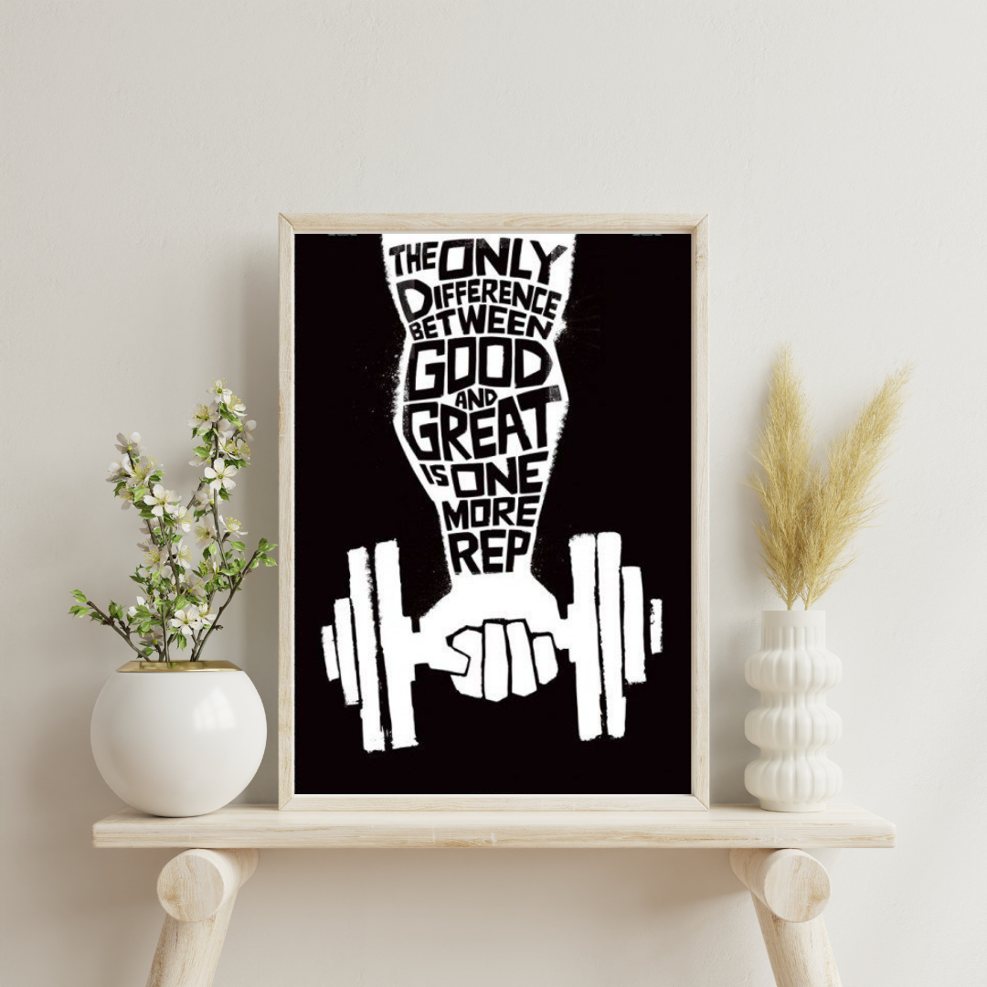One More Rep – Motivational Gym Quote Framed Poster | Black & White Fitness Wall Art by Chilekotha