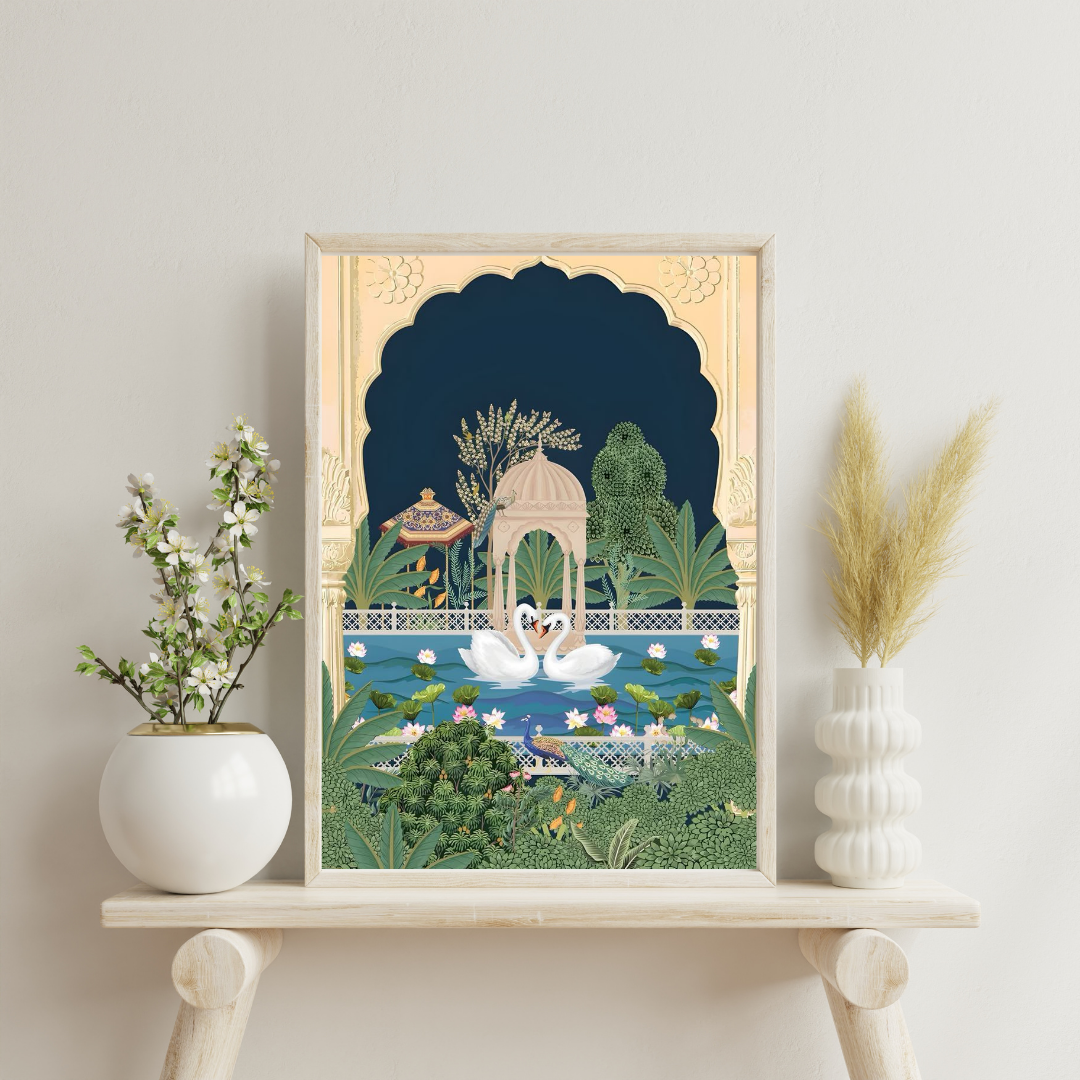 Eternal Garden of Swans Wall Poster | Royal Palace Serenity Art Print by Chilekotha