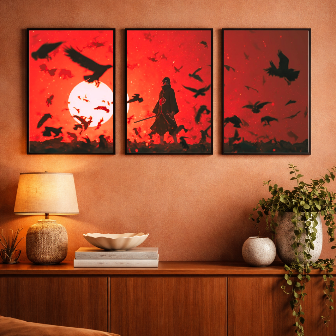 Crimson Eclipse – Shadow Warrior Triptych Framed Poster | Cinematic Anime-Style Wall Art (3-Panel Set)