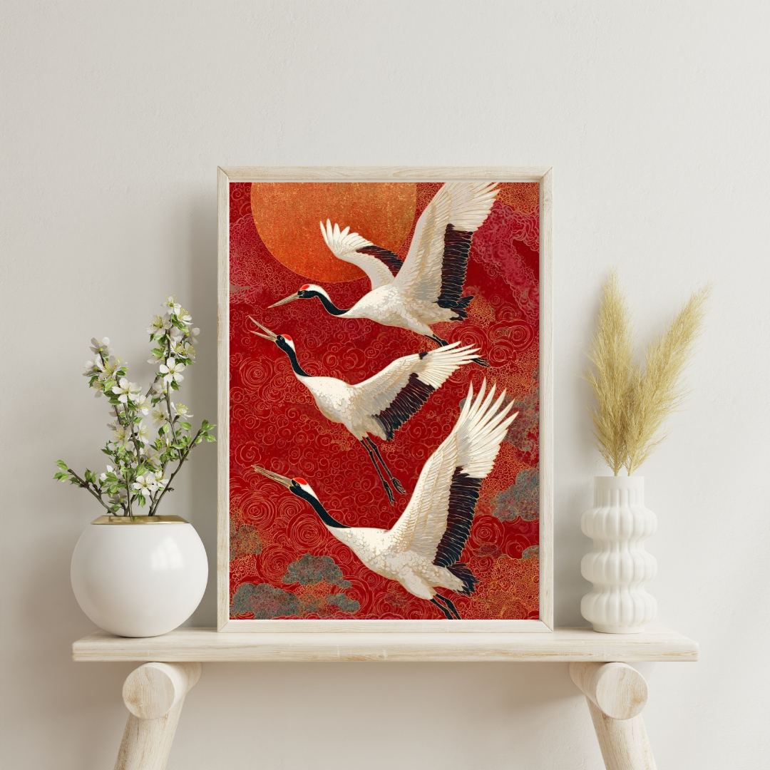 Crimson Flight Wall Poster | Graceful Cranes & Rising Sun Art Print by Chilekotha