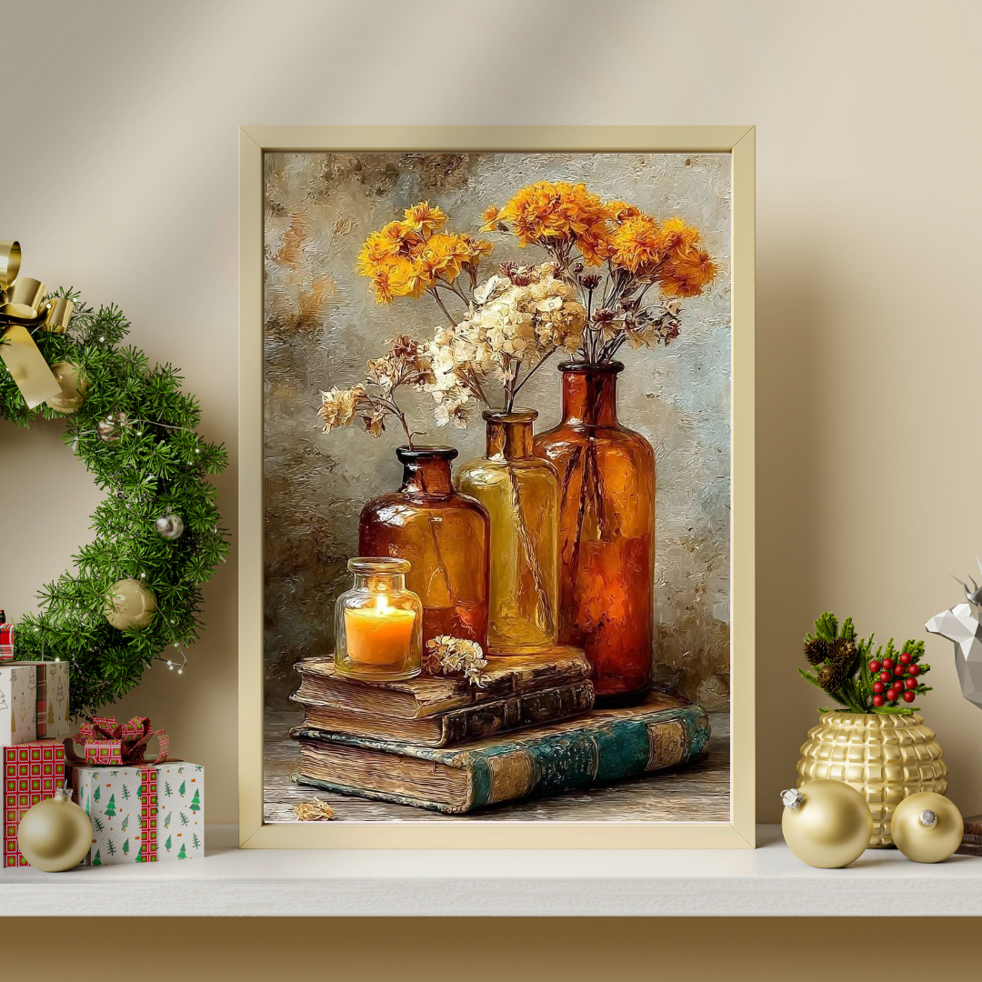 Golden Stillness – Vintage Floral Framed Poster