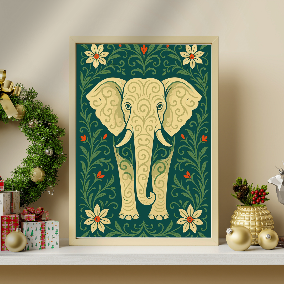 Sacred Elephant Folk Art Framed Poster | Symbol of Wisdom & Prosperity by Chilekotha