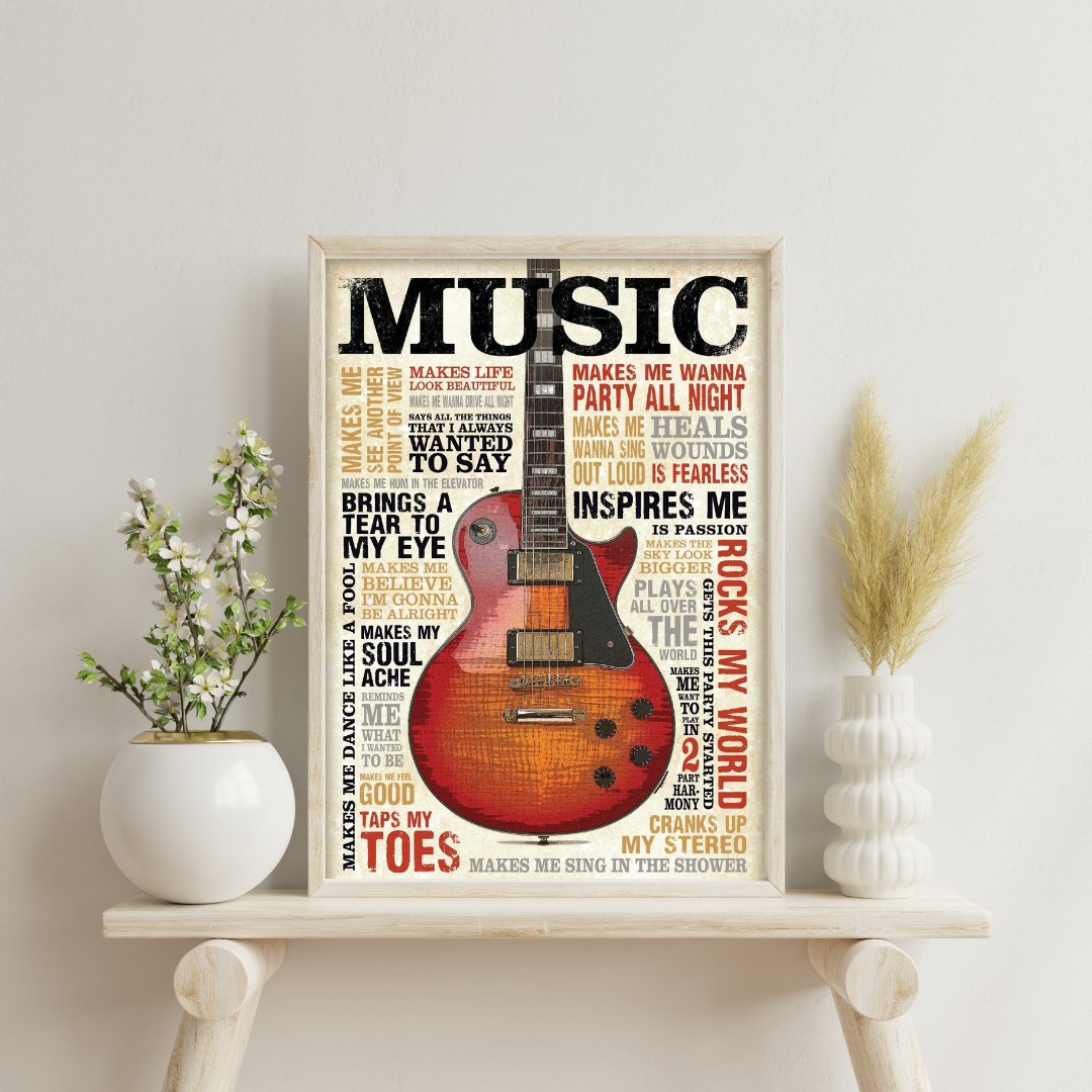 Music Speaks – Vintage Guitar Typography Wall Poster