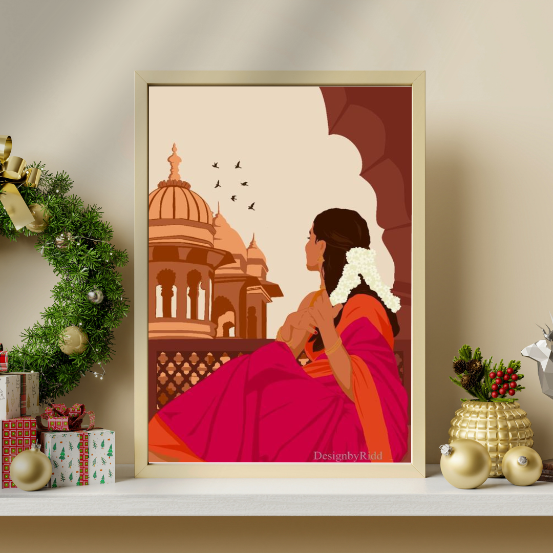 Heritage Reverie Framed Poster | Indian Woman & Palace Art by Chilekotha