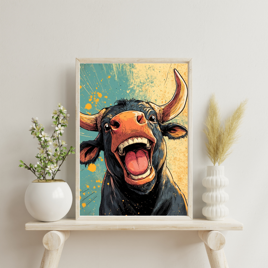 Laughing Bull Pop Art Wall Poster – Bold Animal Expression Art for Playful Interiors | Chilekotha
