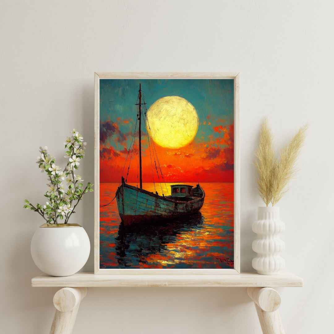 Moonlit Voyage – Serene Boat at Sunset Framed Wall Poster | Chilekotha