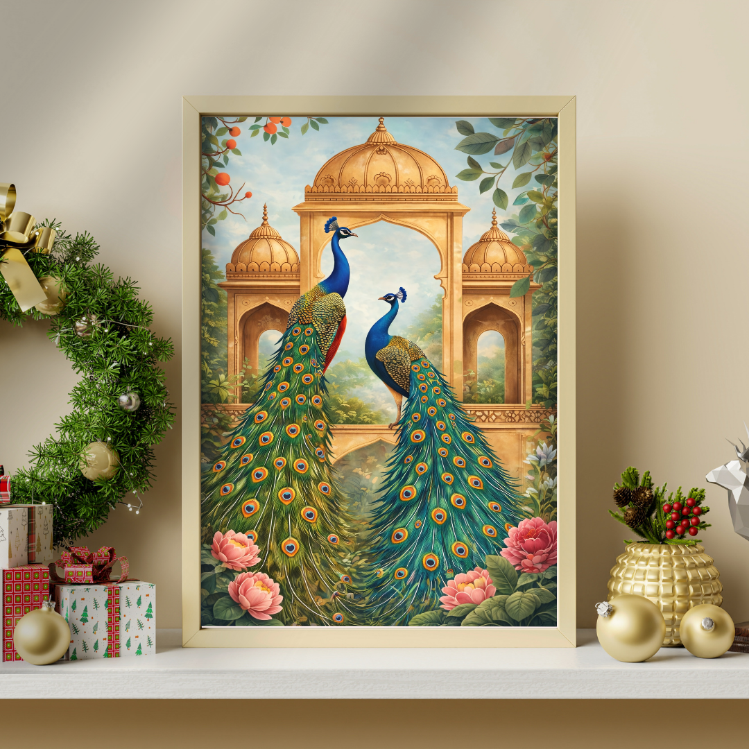 Royal Peacock Court Framed Poster | Indian Palace Wall Art by Chilekotha