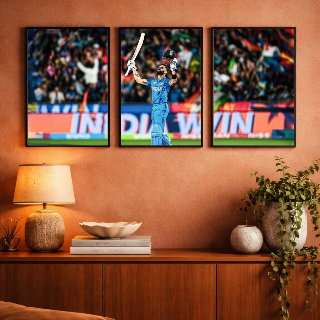 Virat Kohli “Triumph of the King” Triptych Framed Poster – Iconic Cricket Celebration Wall Art (3-Panel Set)