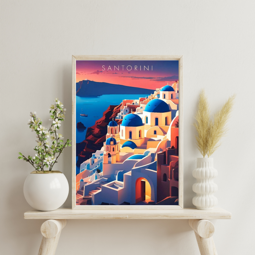 Santorini Sunset Cliffside Wall Poster | Mediterranean Travel Art Print by Chilekotha