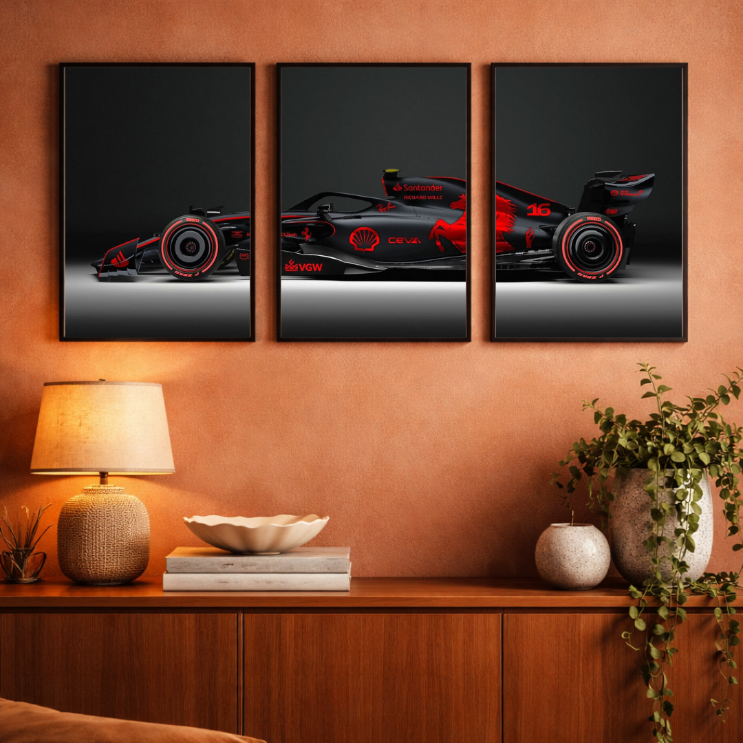 Midnight Velocity – Formula Racing Car Triptych Framed Poster | Modern Motorsport Wall Art (3-Panel Set)