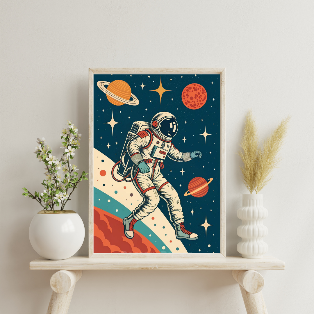 Cosmic Explorer Framed Poster – Retro Astronaut Space Wall Art
