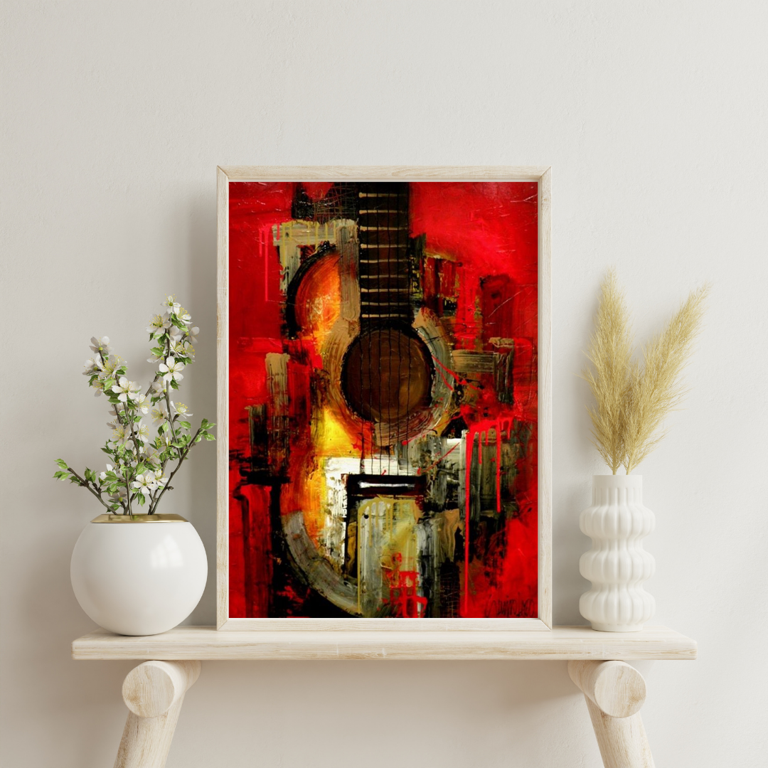 Crimson Strings – Abstract Guitar Art Framed Poster | Chilekotha