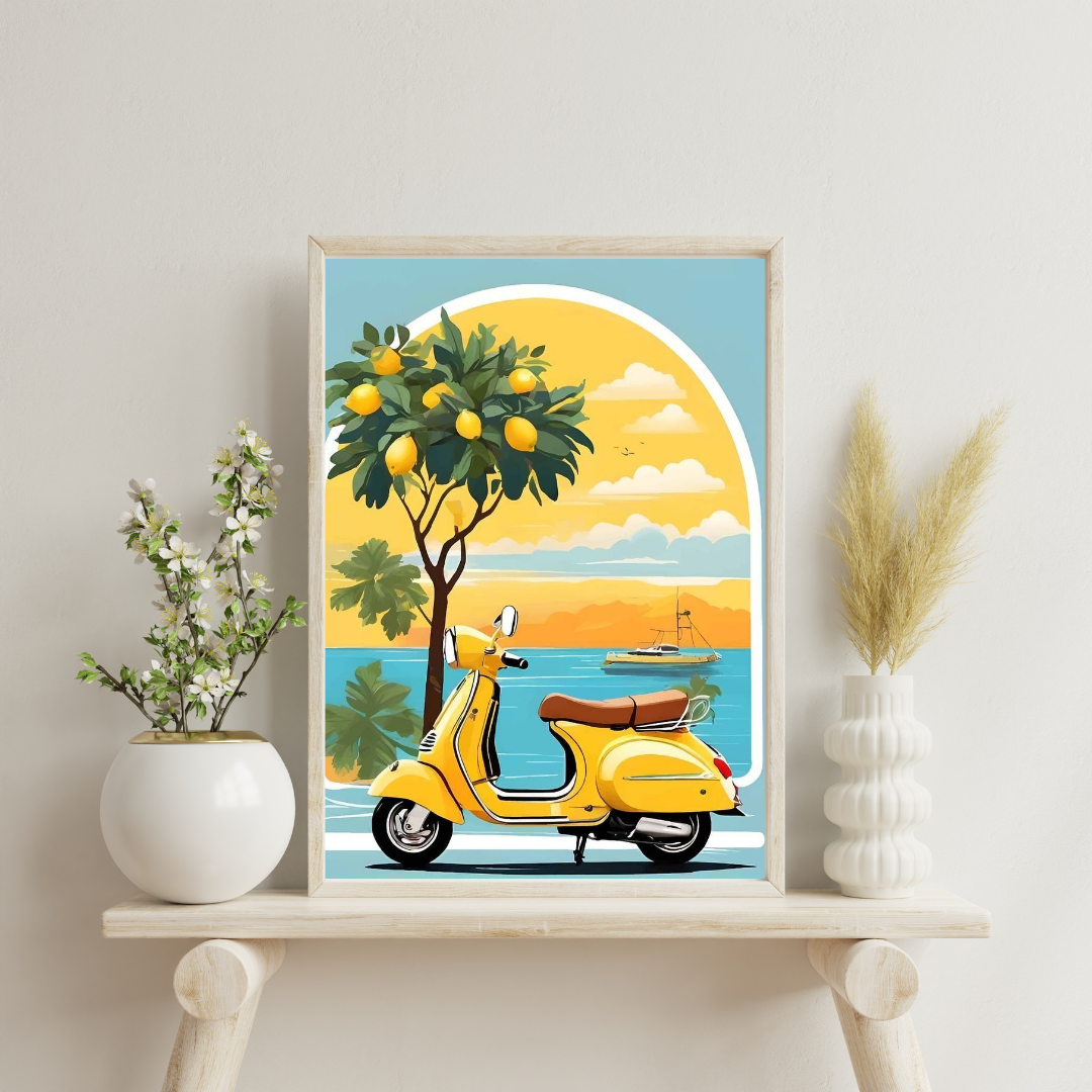 Sunlit Coastal Ride Wall Poster | Vintage Scooter & Lemon Tree Art Print by Chilekotha
