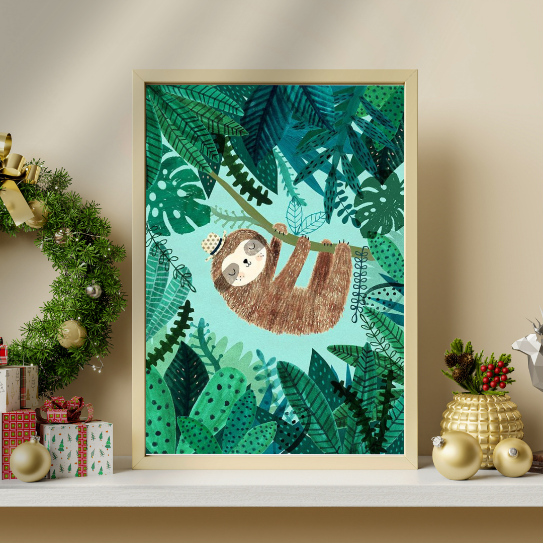 Sleepy Sloth in the Jungle Framed Poster | Whimsical Kids Wall Art by Chilekotha