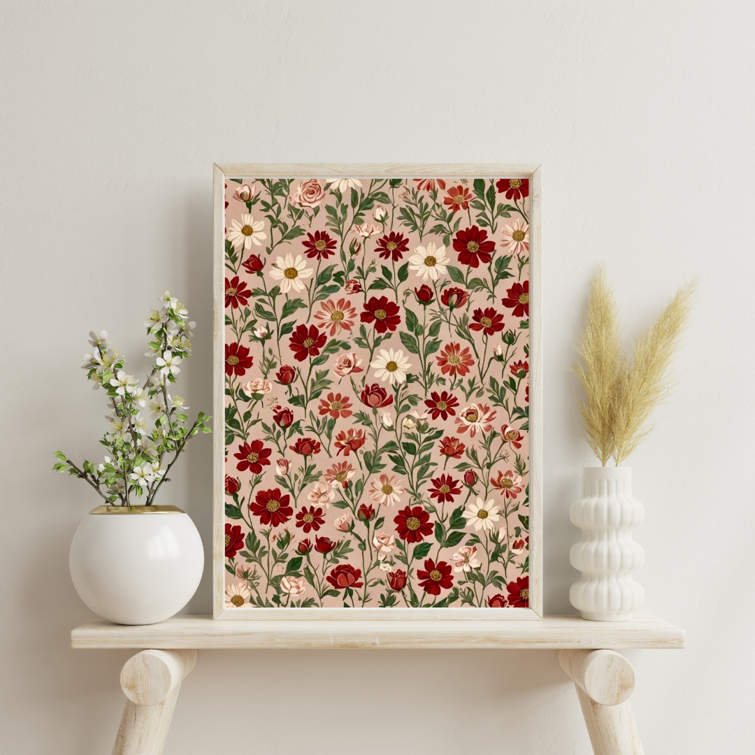 Crimson Meadow Floral Wall Poster | Vintage Botanical Pattern Art Print by Chilekotha