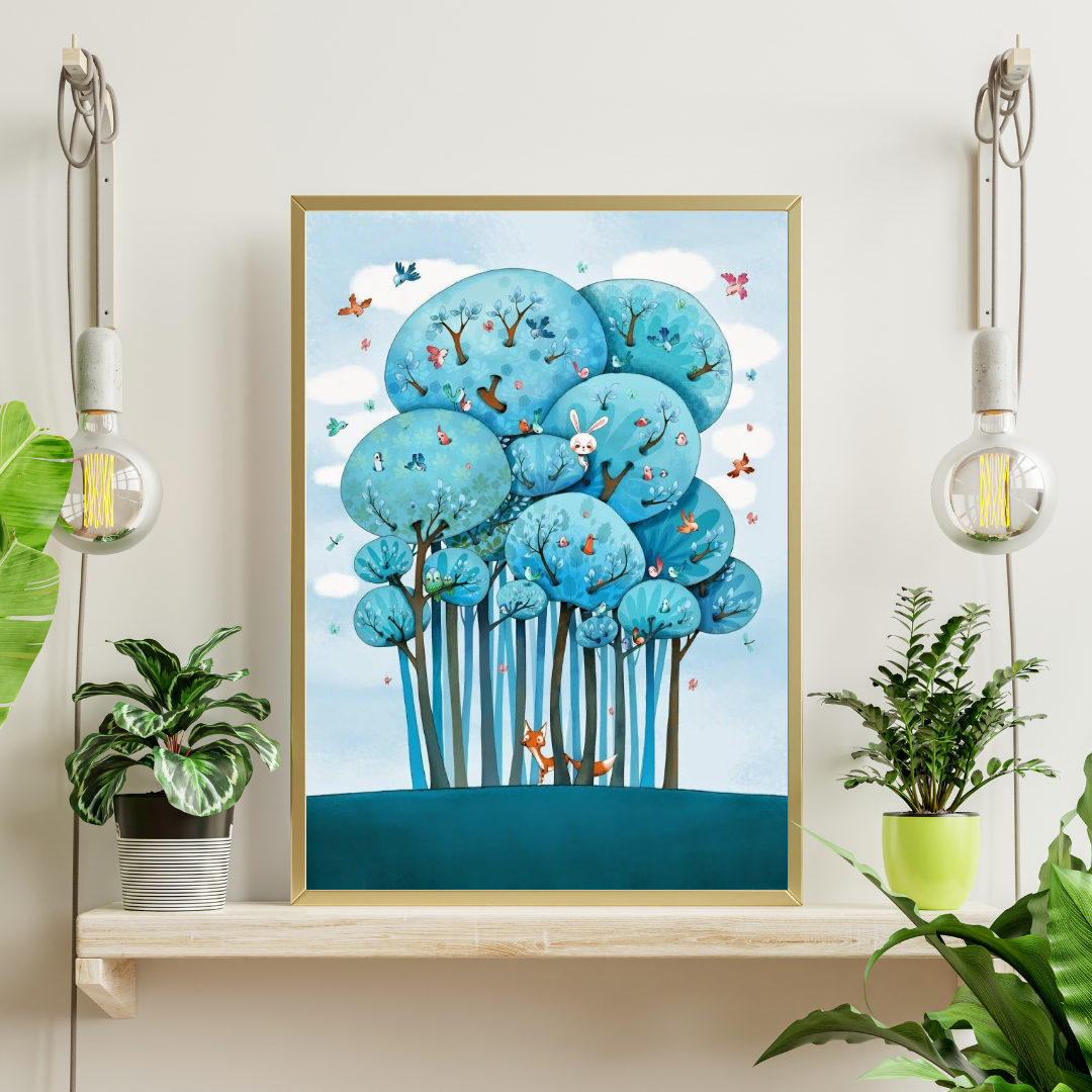 Enchanted Blue Forest Framed Poster | Whimsical Nature Art Wall Décor by Chilekotha