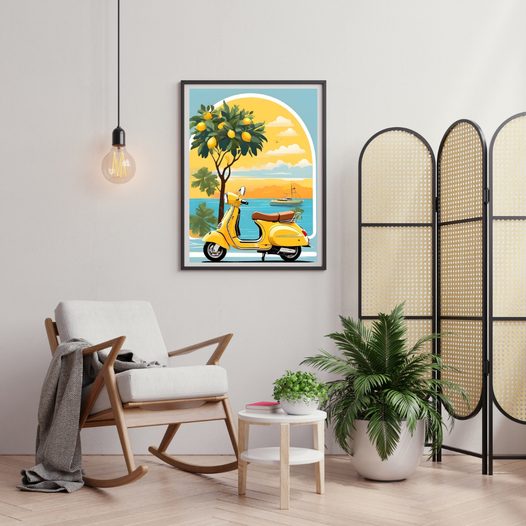 Sunlit Coastal Ride Wall Poster | Vintage Scooter & Lemon Tree Art Print by Chilekotha