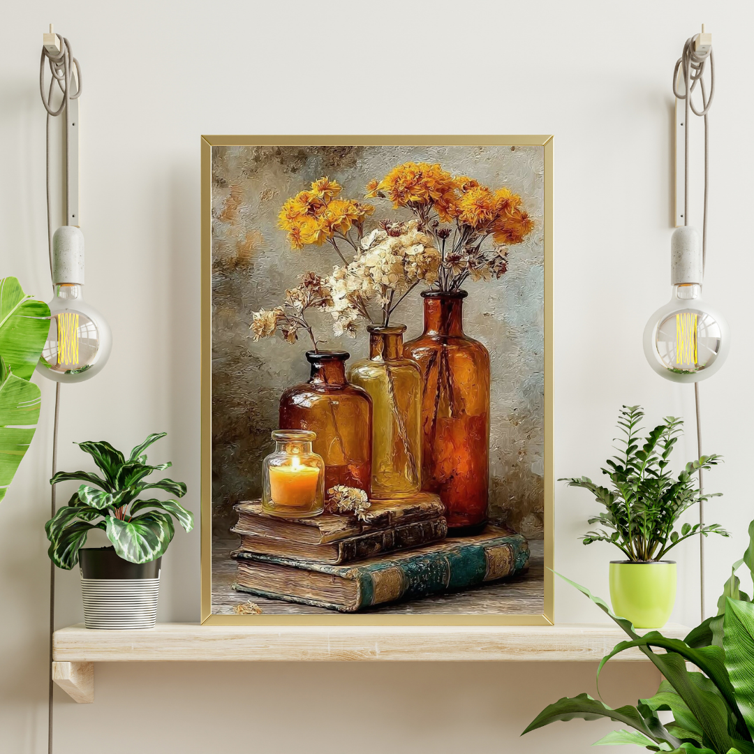 Golden Stillness – Vintage Floral Framed Poster