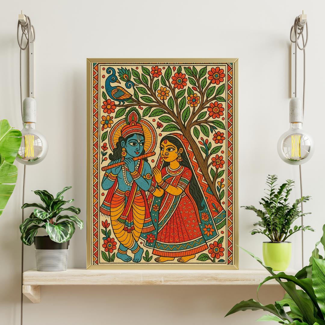 Divine Harmony | Radha Krishna Madhubani Framed Art Poster