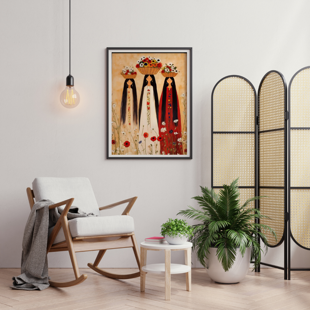 Floral Sisters – Folk Art Inspired Women Framed Wall Poster | Chilekotha